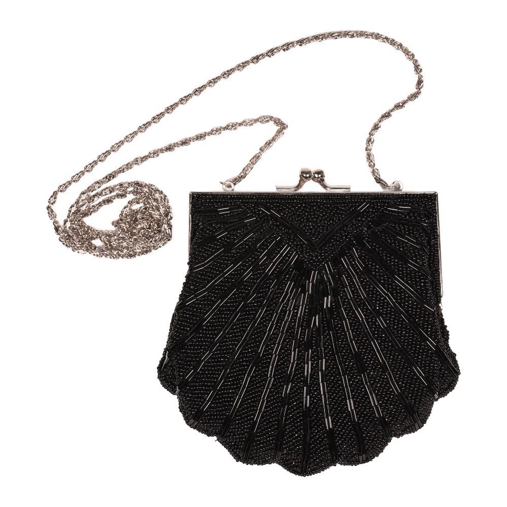 Apt 9 Black Beaded Shell Shaped Evening Bag Purse Silver Chain Strap 5"x6" Clams